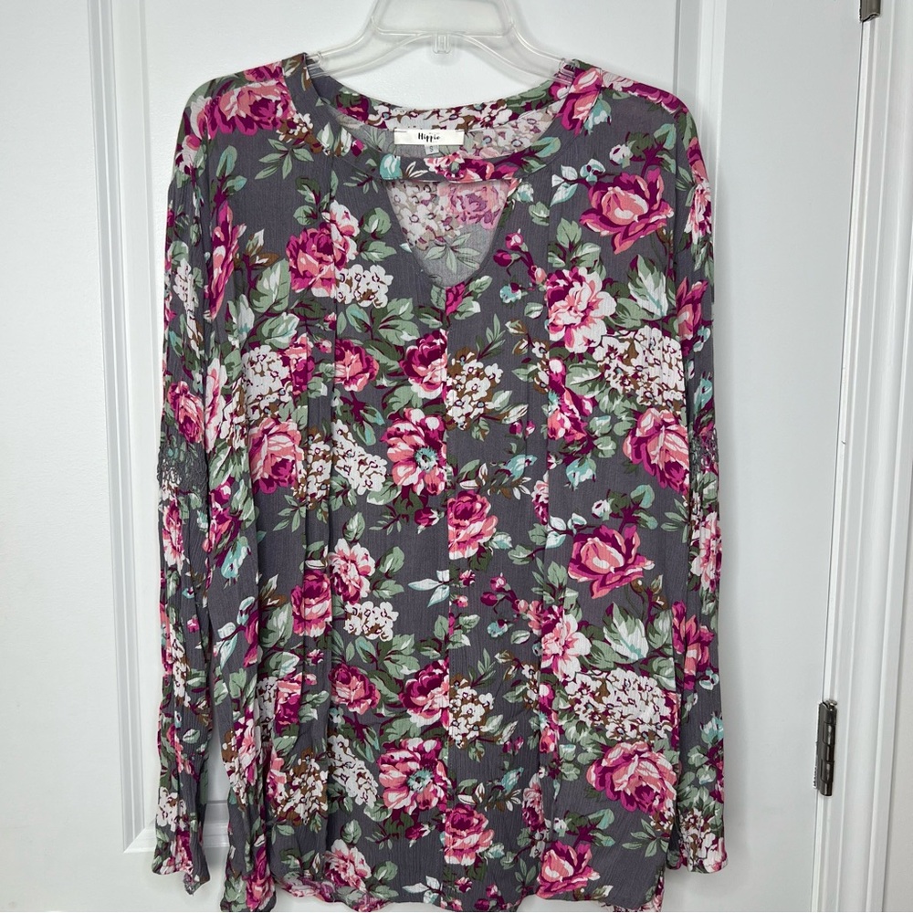 Hippie Floral Blouse in Gray and Pink Size Small Women's - Picture 1 of 10